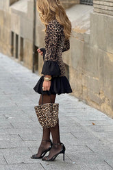 Street Elegant Leopard Patchwork Ruffle Half A Turtleneck Mini Dresses